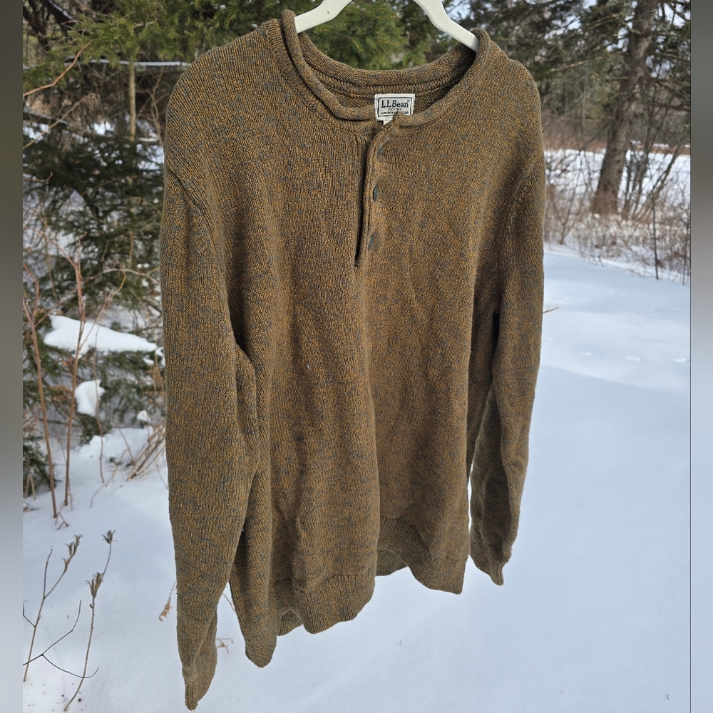 Mens LL BEAN Cotton Ragg Rollneck Henley Sweater Olive Brown sz L